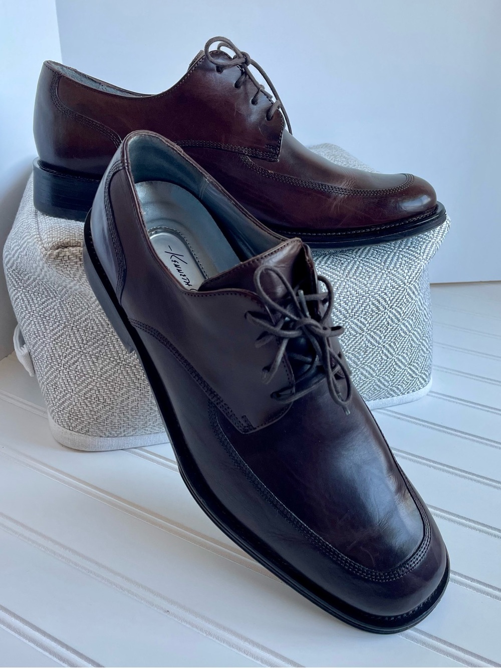 Kenneth Cole New York Brown Leather Dress Shoe Derby Silver Tech Square Toe Sz10